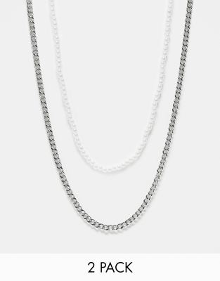 FADED FUTURE Faded Future 2 pack pearl and chain necklaces in silver