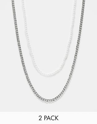 2 pack pearl and chain necklaces in silver