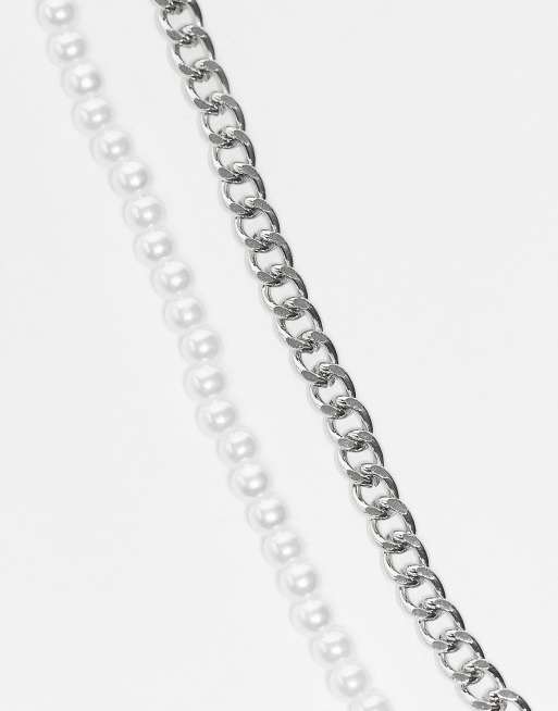 Faded Future 2 pack pearl and chain necklaces in silver, 2 of 4