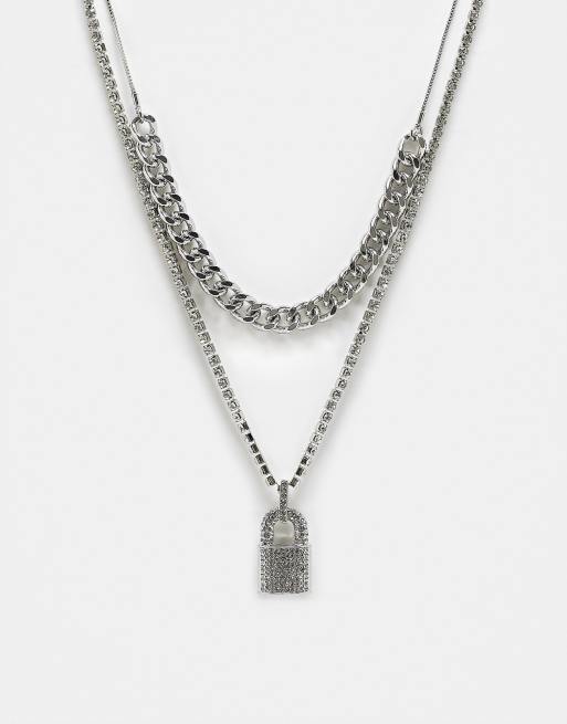 Faded Future 2-pack rhinestone padlock and chunky chain necklaces in silver