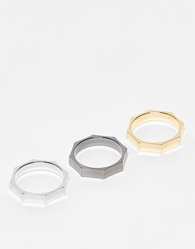 Faded Future 3 pack band rings in black gold and silver