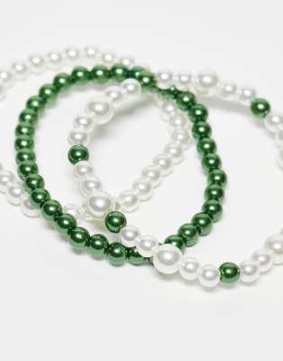 Faded Future 3-pack Elasticized Pearl And Green Bead Bracelets-multi In Multi