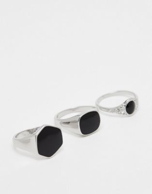 3 pack of signet rings with black resin in silver