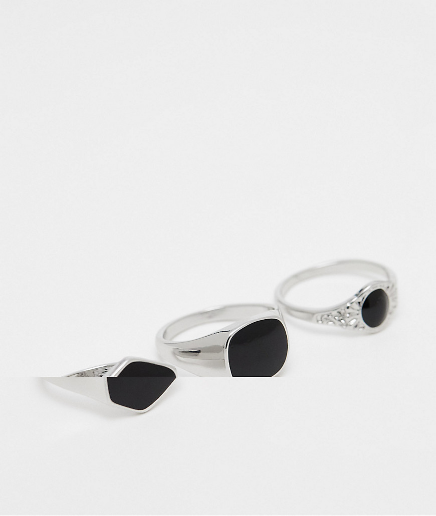 3 pack of signet rings with black resin in silver