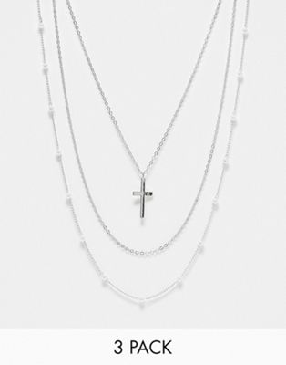 Faded Future 3 pack pearl, cross and chain necklaces in silver