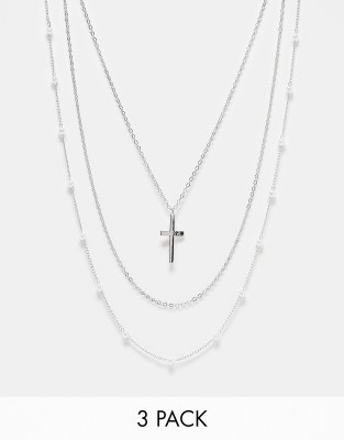 FADED FUTURE Faded Future 3 pack pearl cross and chain necklaces in silver