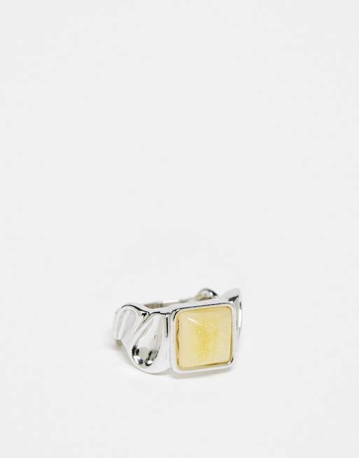 Faded Future - Anello argentato con sigillo con pietra a taglio grezzo
