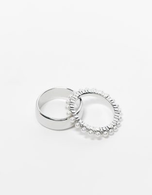 band and pearl detail pack of 2 rings in silver