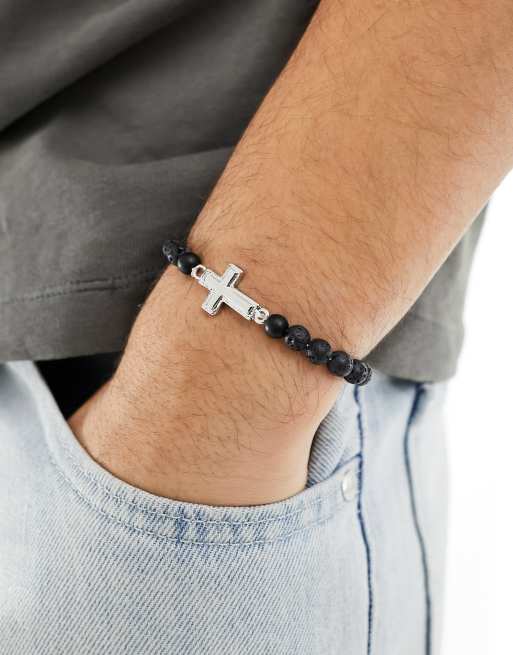 Faded Future - Bracciale elasticizzato nero con pietre laviche e croce