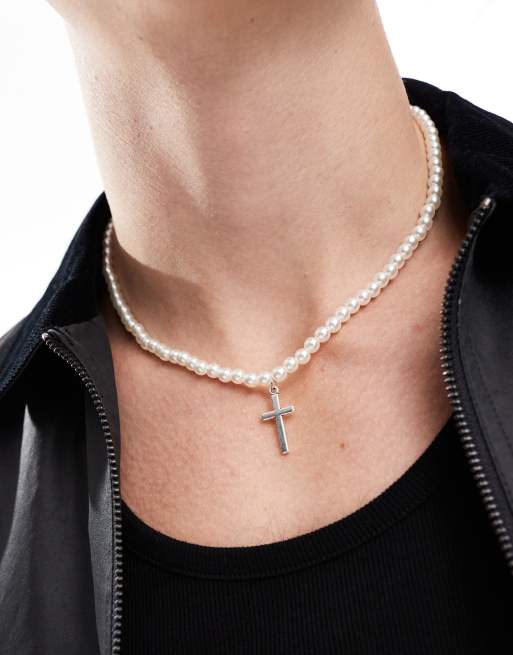 Faded Future - Collana con perle e pendente color argento a croce