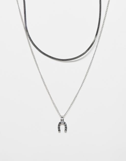 Faded Future - Collier chaîne avec pendentif fer à cheval avec inscription Good Luck - Argenté