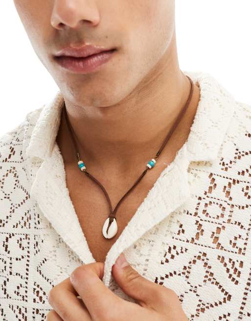 Faded Future - Collier en cordon avec perles et pendentif coquillage - Marron