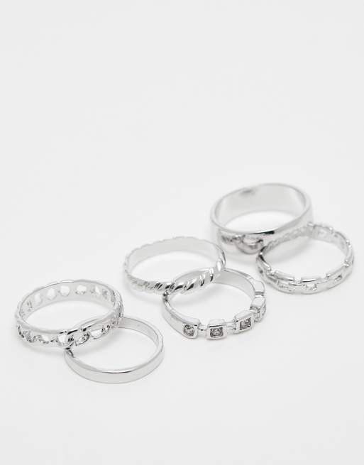 Faded Future - Confezione da 6 anelli argentati con design effetto fuso