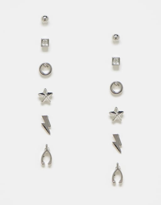 Faded Future - Confezione da 6 paia di orecchini a bottone color argento