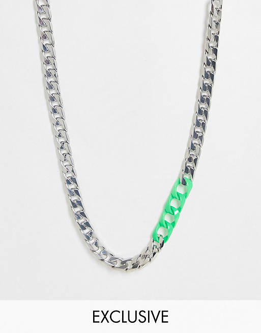 Men Faded Future curb chain necklace with contrast links in silver and green 