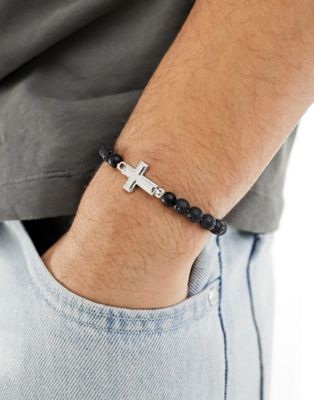 Faded Future elasticated lava stones bracelet with cross detail in black - ASOS Price Checker