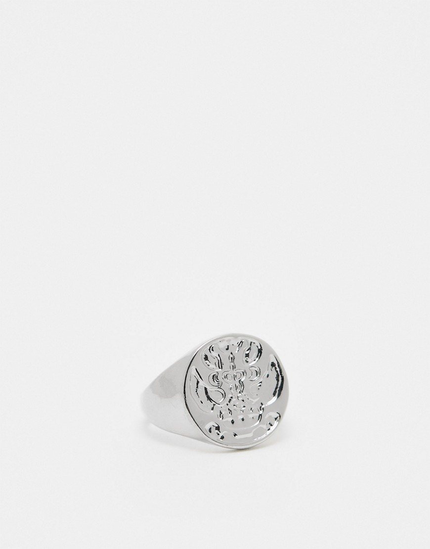 engraved coin signet ring in silver