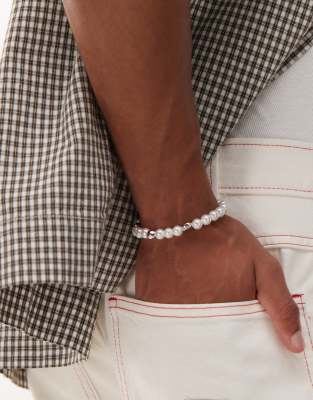 Faded Future Faux Pearl Elasticized Bracelet With Metal Beads-white