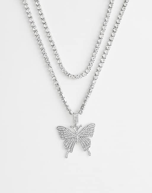 Faded Future - Ketting met vlindervormig hangertje met siersteentjes en schakels in zilver