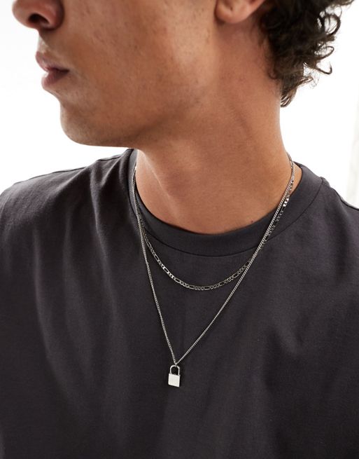  Faded Future layered figaro chain and padlock pendant necklace in silver