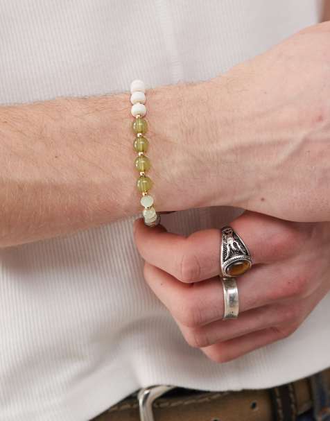 Faded Future multi bead elasticated bracelet in green - view 1