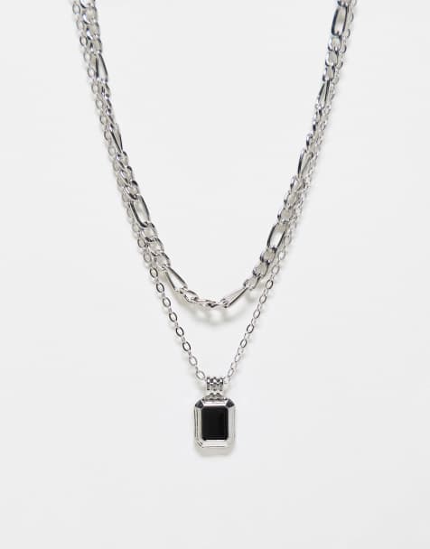 Faded Future pack of 2 figaro chain and black stone pendant necklace in silver - view 1