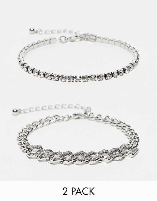 Faded Future pack of 2 rhinestone and iced out chain bracelet in silver