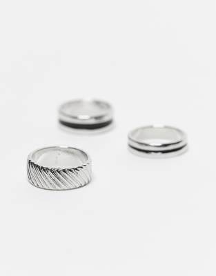 pack of 3 band rings with enamel detail in silver