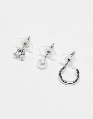 pack of 3 single earrings in silver & faux pearl