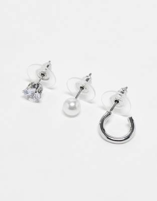 Faded Future pack of 3 single earrings in silver & pearl