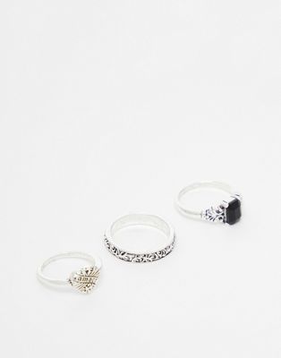 Faded Future pack of 3 vintage style amore rings in silver