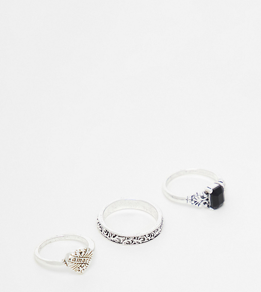 pack of 3 vintage style amore rings in silver
