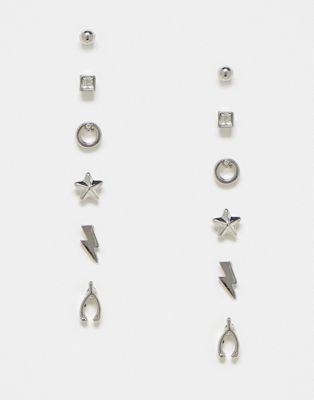 Faded Future pack of 6 icon stud earrings in silver - ASOS Price Checker