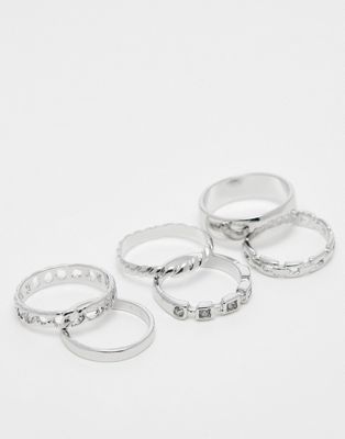 pack of 6 molten band rings in silver