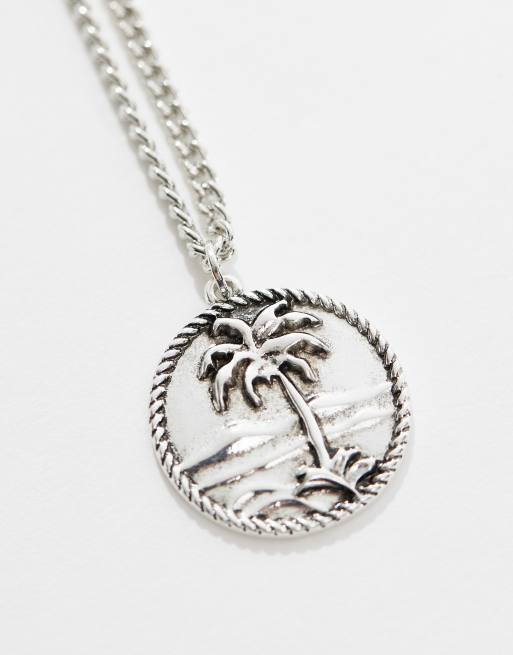 Faded Future palm tree coin pendant necklace in silver