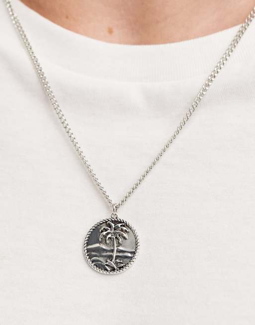 Faded Future palm tree coin pendant necklace in silver