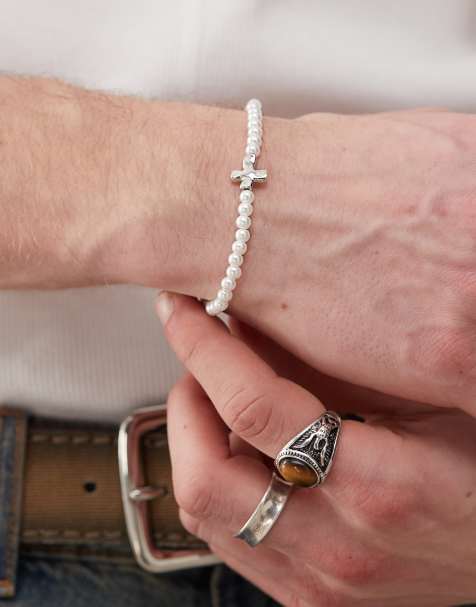 Faded Future pearl bracelet with cross pendant in silver - view 1