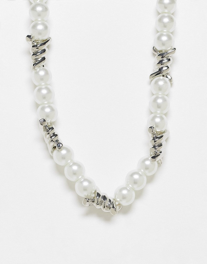 pearl necklace with barbed charms in silver