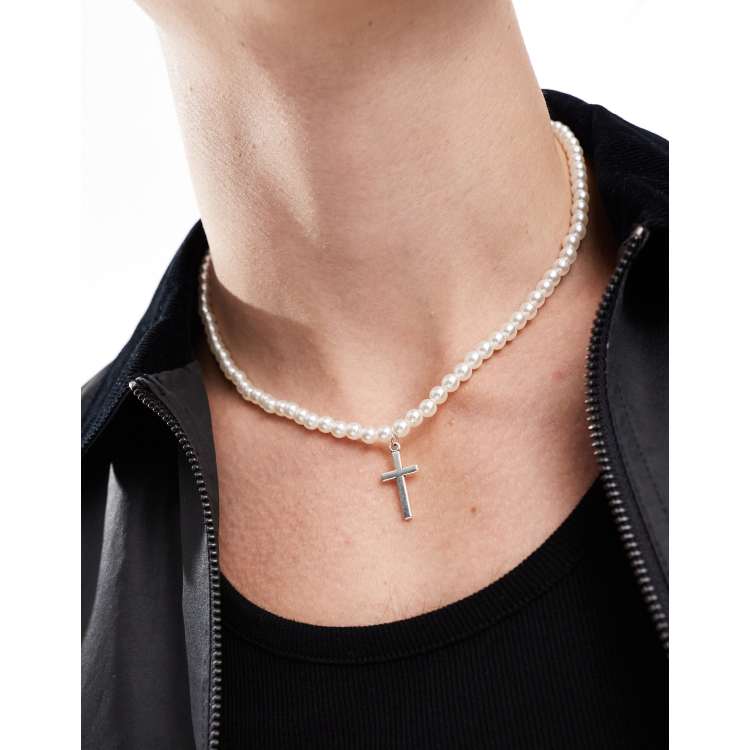 【BLACKPURPLE】HALFRIBO PEARL CROSS PENDANT NECKLACE BLACKPURPLE】HALFRIBO PEARL CROSS PENDANT NECKLACE Black