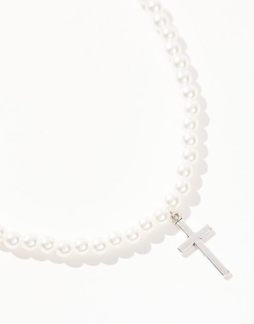 Faded Future pearl necklace with cross pendant in silver | ASOS
