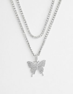 Faded Future rhinestone butterfly shape and iced out chain necklace in silver - ASOS Price Checker