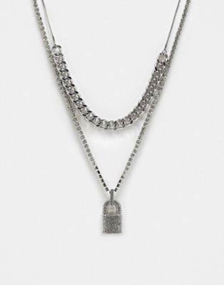 Faded Future rhinestone padlock and chunky chain necklace pack of 2 in silver