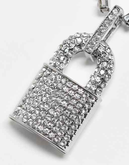 Silver Lock & Chain necklace in silver toggle Clear Rhinestone – Patches Of  Upcycling