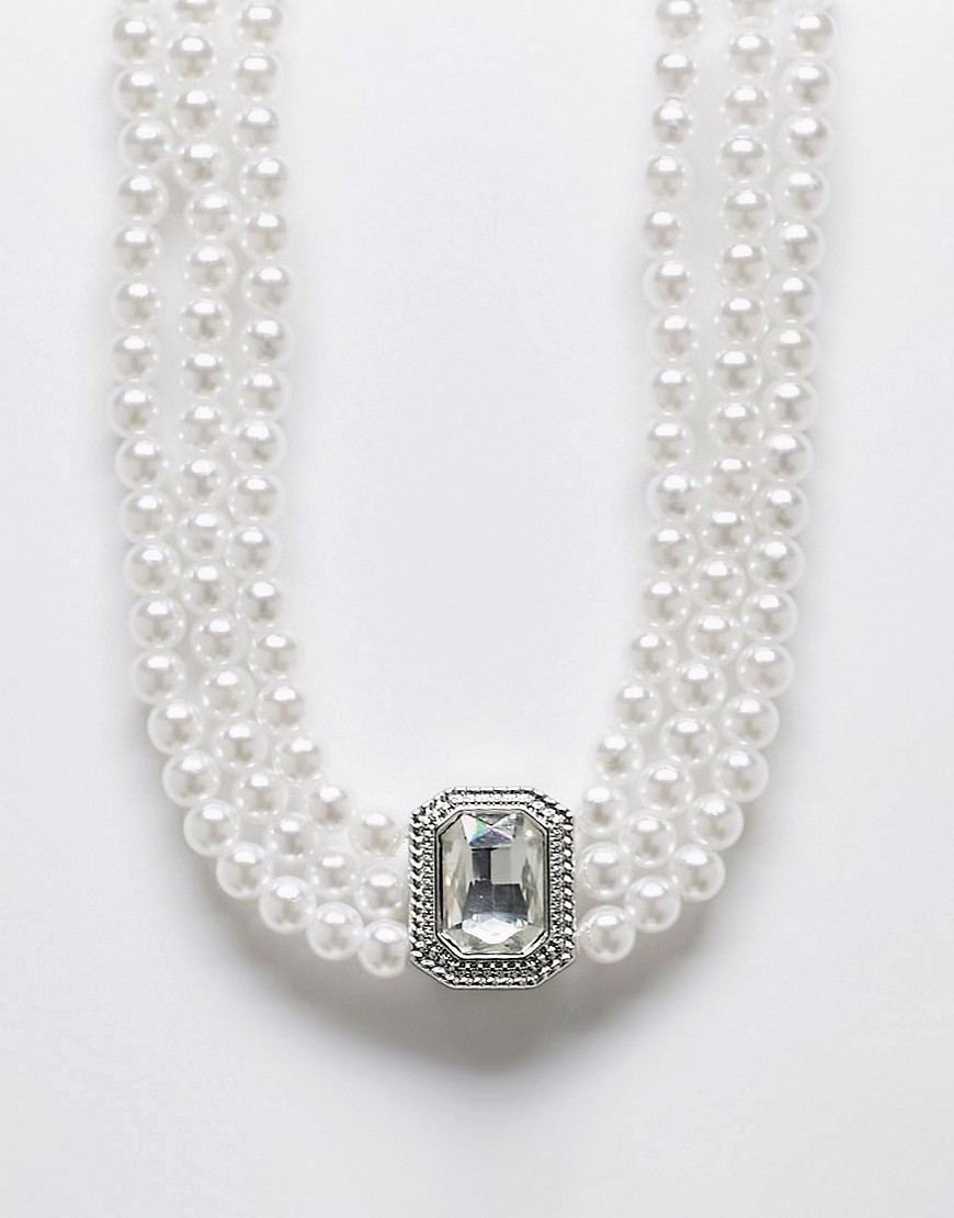 three row pearl necklace with big crystal charm in silver