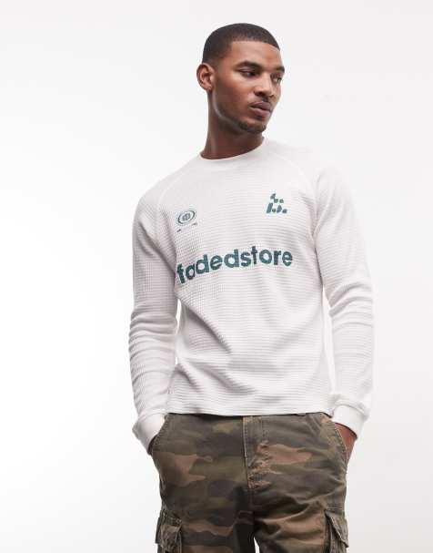 Faded Store 100% cotton long sleeve waffle t-shirt with front logo print in chalk - view 1