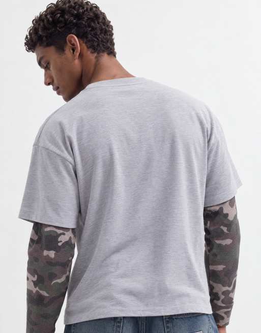 Faded Store camiseta henley de doble manga con estampado camuflaje en gris jaspeado, 9 de 9