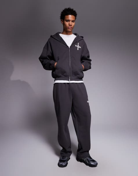 Faded Store - Co-ord set van hoodie en joggingbroek met rits en gotische print op de achterkant in blauw - view 1