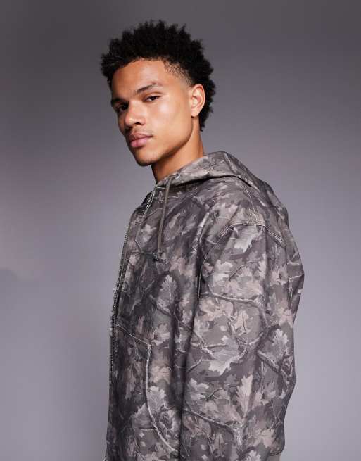 Faded Store – Core – Canvas-Jacke mit Kapuze, verwaschenem grünem Military-Muster und Reißverschluss, 4 von 5