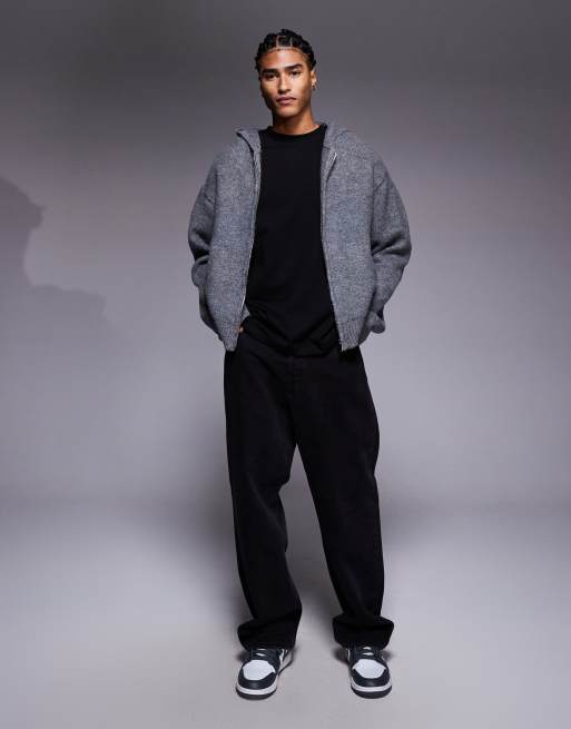 Faded Store - Felpa grigia in maglia con cappuccio e chiusura con zip, 2 di 5