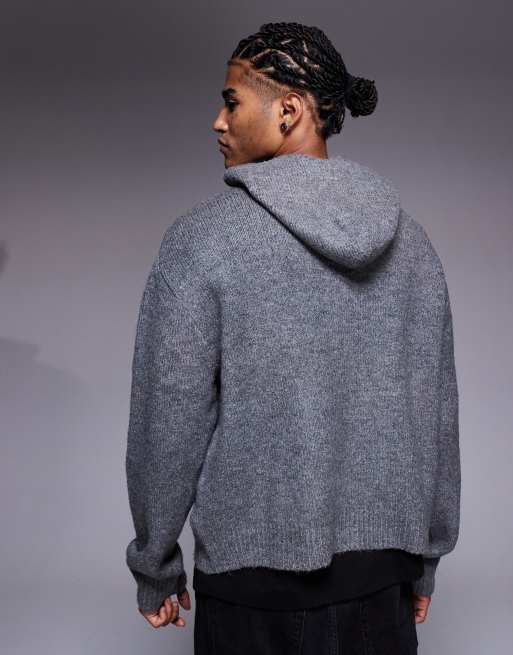Faded Store - Felpa grigia in maglia con cappuccio e chiusura con zip, 3 di 5